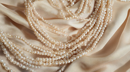 This stunning image showcases a graceful arrangement of lustrous pearls draped elegantly over soft beige fabric, highlighting their natural shine and beauty.の素材
