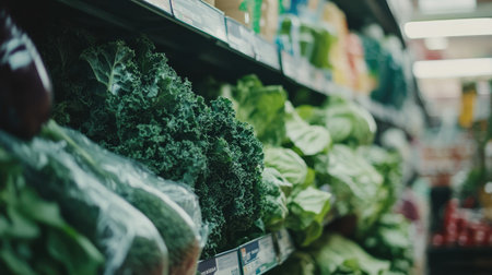A close-up view of a vegetable aisle in a grocery store, showcasing a variety of lush greens like kale and lettuce, emphasizing the appeal of fresh, healthy choices.の素材