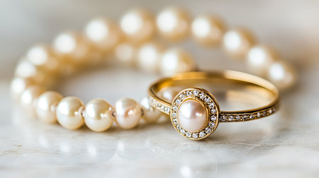 This stunning image showcases an elegant gold ring with a pearl centerpiece alongside a beautiful pearl bracelet, perfect for capturing timeless beauty and luxury.の素材