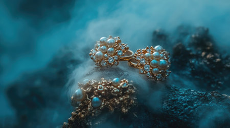 This stunning stock photo showcases an elegant pair of gold rings adorned with pearls and diamonds, resting on a dark stone surface. The misty background adds an ethereal quality, emphasizing the beauty and luxury of the jewelry.の素材
