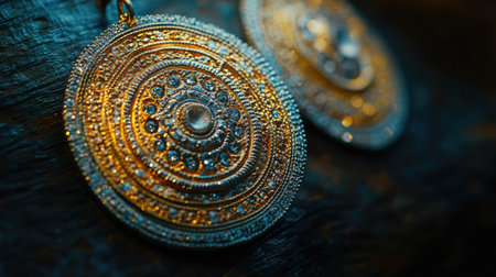 Discover the beauty of these elegant vintage earrings featuring intricate designs and sparkling gems, beautifully displayed on a wooden surface under soft lighting.の素材