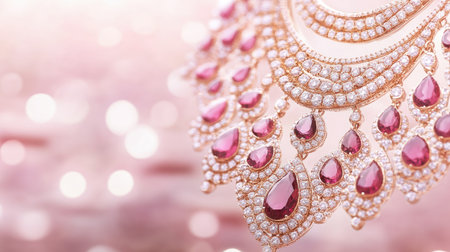 Stunning close-up of an elegant pink and diamond necklace featuring intricate designs and vibrant gems against a soft, sparkling background.の素材