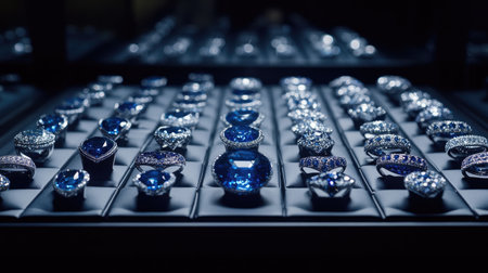 A stunning arrangement of blue gemstone rings in a luxurious showcase, highlighting intricate designs and vibrant colors suitable for any elegant occasion.の素材