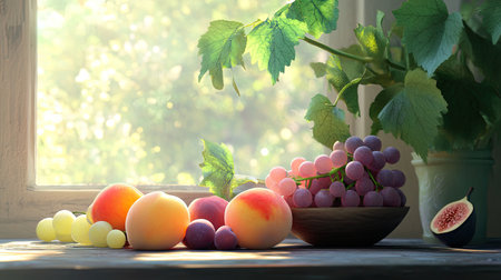 This serene image captures a variety of fresh fruits, including peaches, grapes, and figs, beautifully arranged on a rustic table beside a sunlit window, creating a sense of warmth and tranquility.の素材