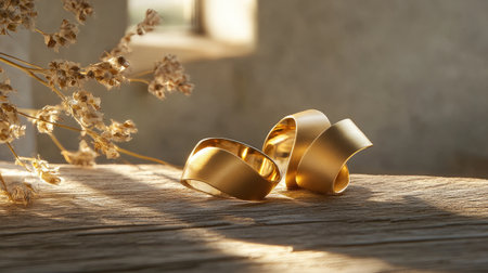 This stunning image showcases two elegant gold rings on a rustic wooden surface, illuminated by soft natural light, complemented by delicate dried flowers in the background.の素材