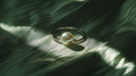 A beautifully crafted pearl ring rests on soft satin fabric, showcasing its elegance. The gentle play of light and shadow enhances the luxurious feel of this exquisite piece.の素材