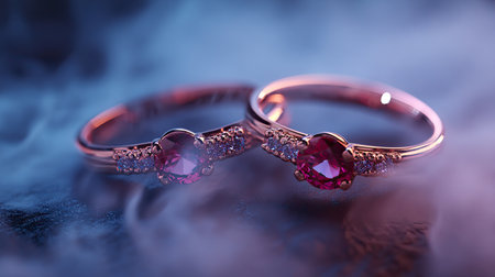 Stunning close-up of elegant rose gold rings adorned with sparkling red gemstones, set against a backdrop of mystical fog, capturing luxury and romance.の素材