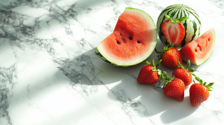 A vibrant arrangement of fresh watermelon slices and strawberries set on a marble surface, beautifully lit by natural light, showcasing summer freshness.の素材