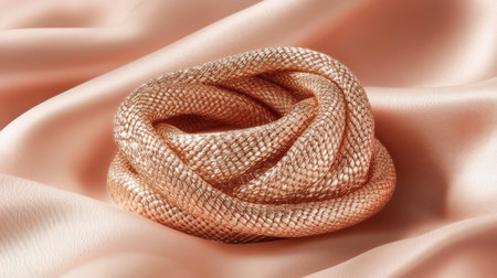 An exquisite interwoven fabric in shimmering rose gold rests gracefully on a soft satin background, creating a luxurious and elegant composition.の素材