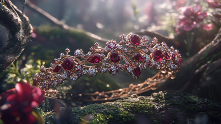 This stunning crown features intricate floral designs adorned with red gemstones and sparkling diamonds, set against a breathtaking natural backdrop.の素材