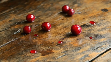 This artistic food photograph showcases shiny red berries with juicy drops on a rustic wooden surface, capturing natural light and vibrant colors.の素材