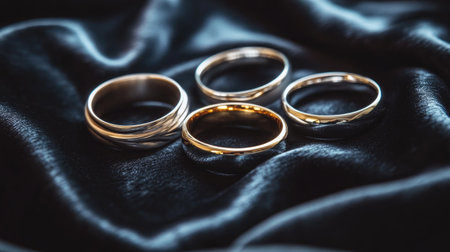 A beautiful arrangement of silver and gold wedding rings set on luxurious black fabric. The image captures the elegance and detail of the rings, ideal for romantic themes.の素材