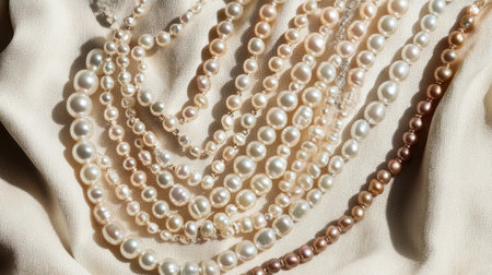 A stunning arrangement of delicate pearls showcases their elegance against a soft cream fabric background. This luxurious display highlights the beauty and craftsmanship of each piece, perfect for fashion and jewelry enthusiasts.の素材