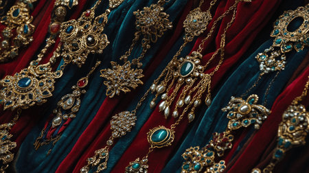 This striking image showcases a beautiful assortment of traditional gold jewelry embellished with colorful stones against a rich velvet backdrop, highlighting intricate designs and exquisite craftsmanship.の素材
