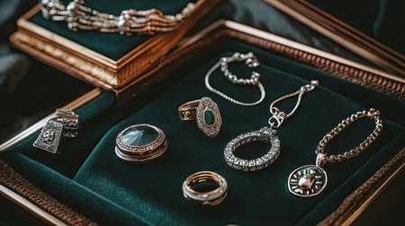 An exquisite assortment of vintage jewelry featuring rings, necklaces, and more showcased on lush green velvet, highlighting fine craftsmanship and elegance.の素材