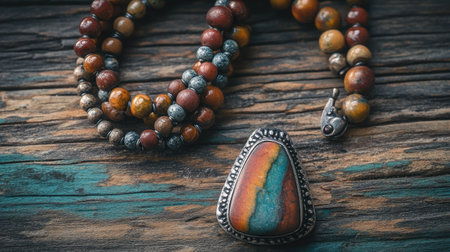 This captivating image features a unique gemstone pendant nestled among colorful beads on a rustic wooden surface, showcasing artistic jewelry design.の素材