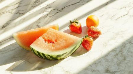 A vibrant arrangement of fresh watermelon slices, ripe strawberries, and a citrus fruit on a sunny marble tabletop, perfect for summer snacking.の素材