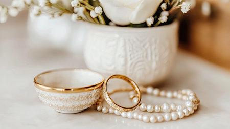 A beautiful arrangement showcasing delicate pearls and sparkling rings on a marble surface, accompanied by a charming floral centerpiece. Ideal for luxury themes.の素材