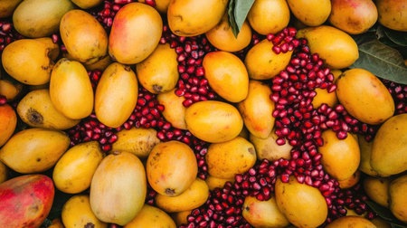 A vibrant display of fresh mangoes and pomegranate seeds creates a visually appealing arrangement, showcasing the beauty and nutrition of seasonal fruits.の素材