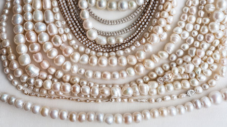 This image showcases an exquisite collection of lustrous freshwater pearls, elegantly arranged to highlight their natural beauty and shine.の素材