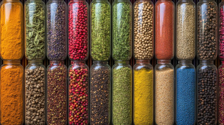A visually striking display of various spices and herbs in clear glass containers, arranged beautifully on a wooden surface, perfect for culinary inspiration.の素材