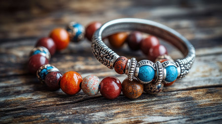 This image showcases elegant handmade bracelets featuring vibrant beads and intricate metalwork, perfectly arranged on a rustic wooden surface, ideal for inspiring fashion accessories.の素材