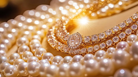 This stunning close-up image showcases a luxurious necklace alongside lustrous pearls and sparkling diamonds, highlighting elegance and craftsmanship.の素材