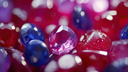 This captivating close-up image showcases an array of colorful gems and decorative stones, each reflecting light beautifully with intricate facets and textures.の素材