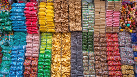 A vibrant display showcasing an array of dried ingredients and colorful powders, highlighting the rich cultural diversity in markets. Ideal for culinary themes.の素材