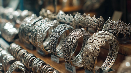 An exquisite collection of intricate silver jewelry including crowns and bangles on display in a showcase, highlighting craftsmanship and elegance.の素材