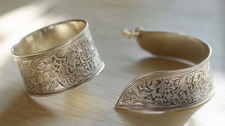 This stunning image features intricately designed silver bracelets with beautiful floral engravings, showcasing artistry and elegance in jewelry craftsmanship.の素材