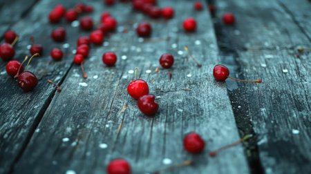 A stunning capture of fresh red cherries scattered on a weathered wooden surface, showcasing their vibrant color and natural beauty in soft natural lighting.の素材