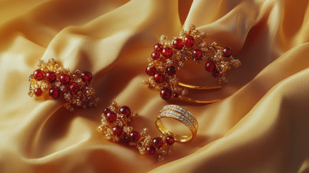 This stunning display showcases elegant gold rings and red beaded hair accessories, beautifully arranged on soft golden fabric. A perfect visual for fashion enthusiasts.の素材