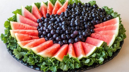 A vibrant fruit platter featuring sweet watermelon slices and plump blueberries, beautifully arranged with crisp lettuce, perfect for any summer event.の素材