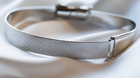 This image features an elegant silver bracelet resting on soft satin fabric, emphasizing its sleek design and textured detailing, perfect for showcasing modern fashion.の素材