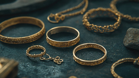 This beautiful layout of gold jewelry features intricate designs and textures, perfect for showcasing luxury and craftsmanship in fashion photography.の素材