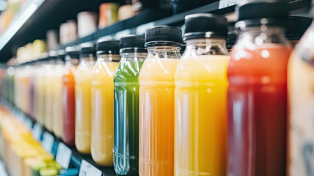A vibrant collection of bottled juices sits neatly organized on a supermarket shelf, showcasing an array of colors and refreshing options for consumers.の素材