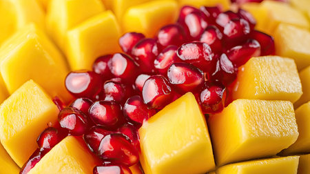 This image showcases fresh mango pieces paired with vibrant pomegranate seeds, creating an eye-catching and healthy snack. Perfect for summer treats, fruit platters, or healthy eating inspiration.の素材