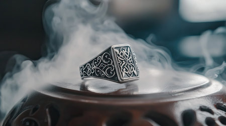 This captivating image features a beautifully crafted silver ring with intricate designs, set against a backdrop of swirling smoke and gentle light, evoking mystery.の素材