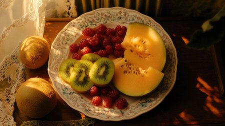 A beautifully arranged fruit plate featuring slices of melon, fresh raspberries, and kiwi, illuminated by soft natural light, perfect for healthy eating.の素材