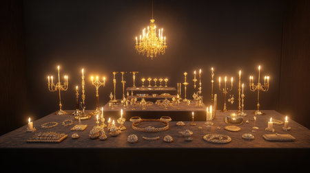 A stunning arrangement of vintage jewelry featuring ornate pieces, illuminated by soft candlelight, creating an atmosphere of elegance and luxury. Perfect for showcasing beauty and craftsmanship.の素材