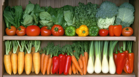 A vibrant display of fresh and organic vegetables arranged neatly on wooden shelves, showcasing a variety of colors and types for healthy meals.の素材