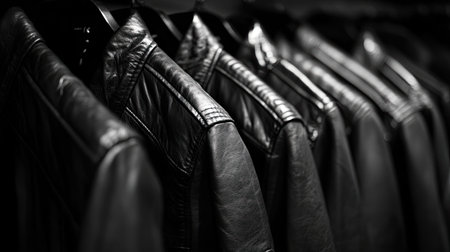 This stylish image captures an array of black leather jackets elegantly hanging in a boutique, highlighting their rich textures and craftsmanship.の素材