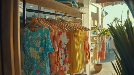 A beautiful display of vibrant summer dresses hanging in a boutique, showcasing a colorful array of styles, perfect for sunny vacation days.の素材