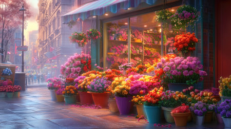 A vibrant flower shop stands lively on a city street, showcasing an array of colorful blooms under the warm, soft glow of sunset light.の素材