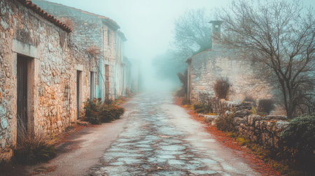 A tranquil and atmospheric view of an old stone village enveloped in mist, featuring a cobblestone pathway lined by historic houses and nature.の素材