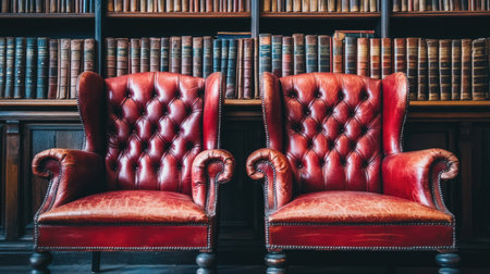 Two elegant vintage leather armchairs sit invitingly in a cozy library, surrounded by classic bookshelves filled with timeless literature and rich history.の素材
