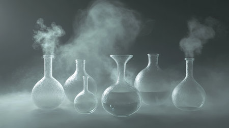 A captivating arrangement of glass laboratory flasks surrounded by gentle steam and fog, creating an enigmatic atmosphere ideal for scientific themes.の素材