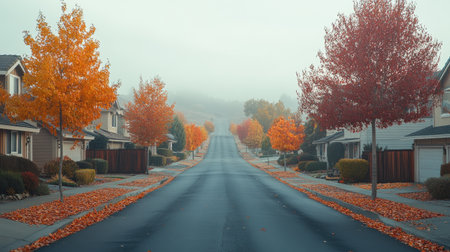 Captivating autumn scene showcasing a peaceful street lined with vibrant trees in shades of orange, against a misty backdrop of a tranquil neighborhood.の素材