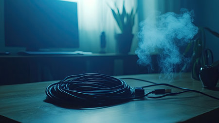 A neatly coiled cable rests on a table, surrounded by soft smoke and a thriving indoor plant, creating a tranquil and modern atmosphere in a cozy living room.の素材